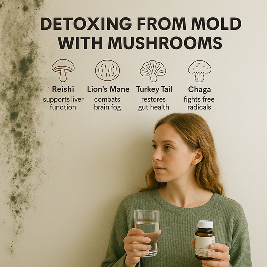 holding a mushroom supplement capsule and looking thoughtfully at mold on the wall. A bowl of fresh mushrooms sits in front of her. Text on the wall reads ‘Overcoming Mold with Mushrooms – Promotes Detoxification, Boosts Immunity.