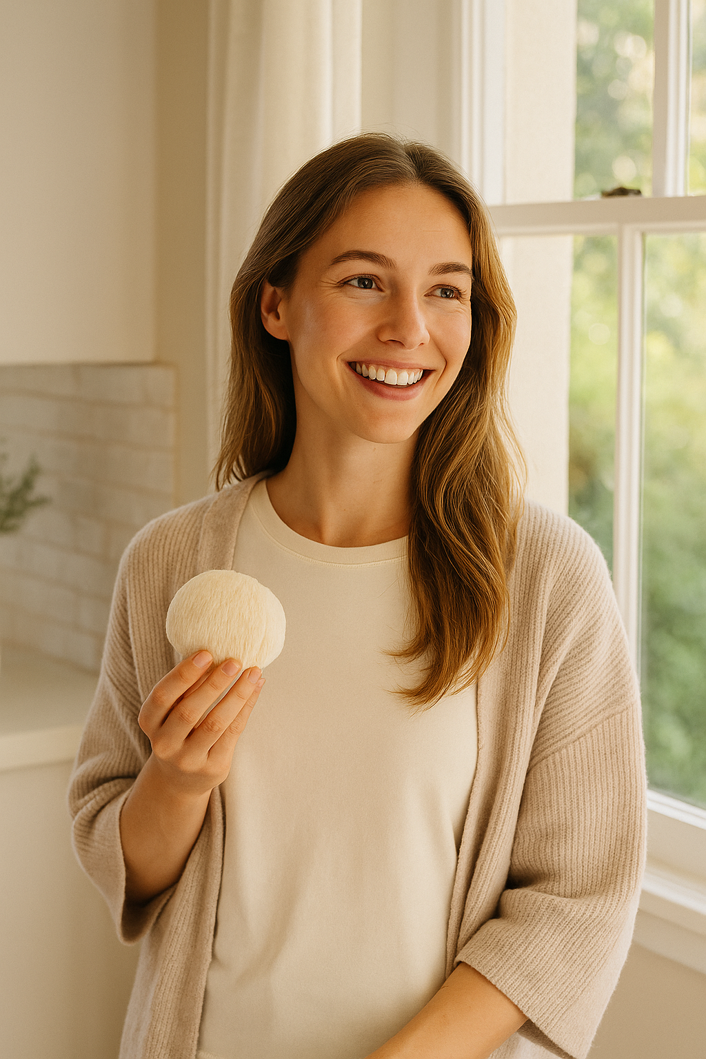 [🔴 IMAGE HERE — Prompt: “Lena standing by a sunlit kitchen window, holding a Lion’s Mane – Fruiting Body’ and smiling with focus and energy.”]