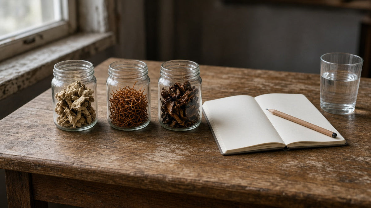 Three small unlabeled glass jars of dried mushroom pieces beside a blank open notebook, a pencil, and a glass of water on a worn wooden desk in soft window light