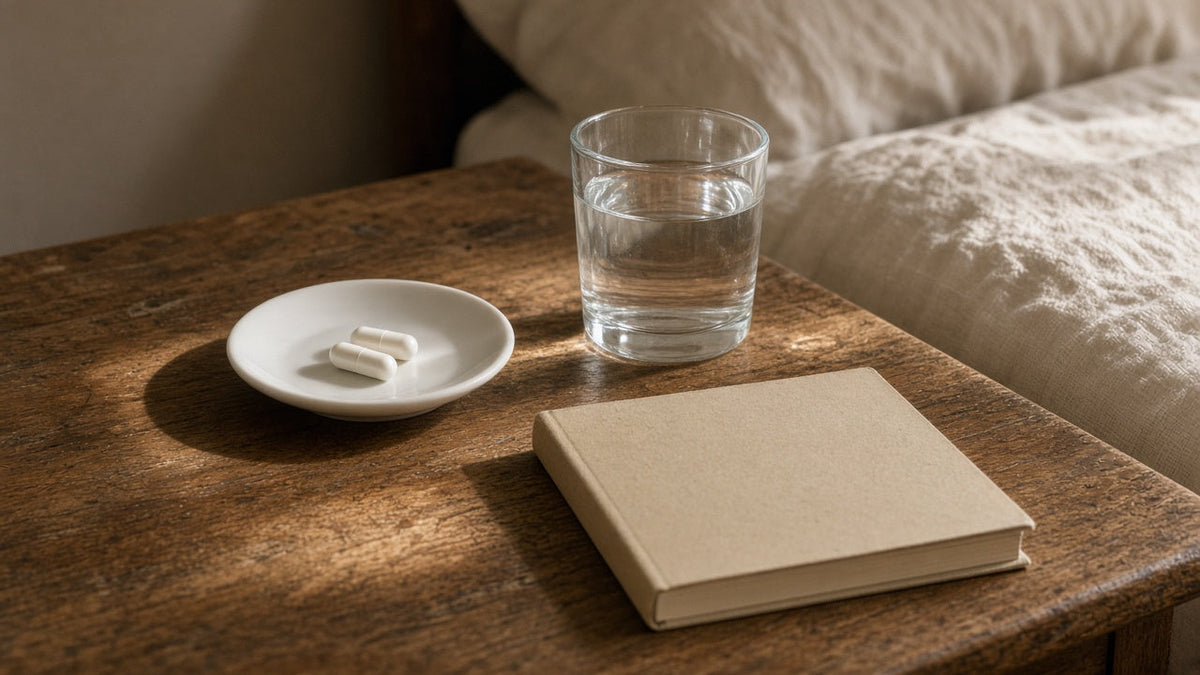 Two plain unlabeled capsules on a small white ceramic saucer beside a half-full glass of water and a closed paperback book on a sunlit wooden nightstand