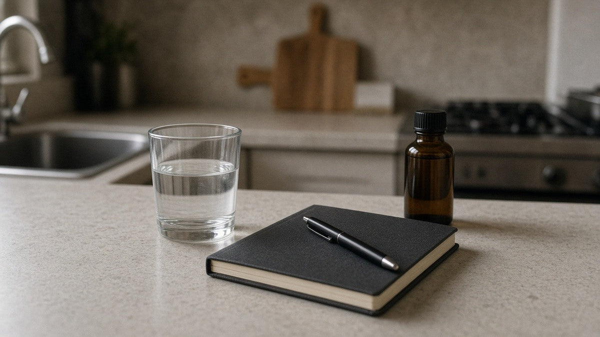Plain ceramic water glass, closed notebook with pen, and small unlabeled amber bottle on a kitchen counter in soft morning side light