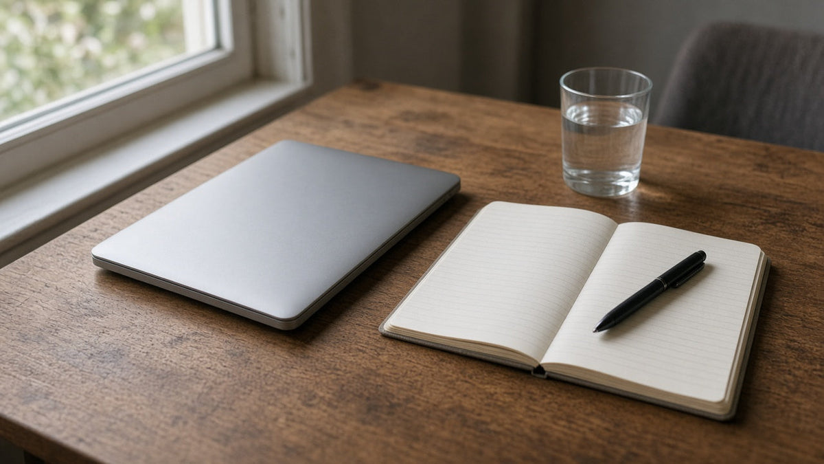 Closed silver laptop on a wooden desk beside an open lined notebook with a black pen and a clear glass of water in soft morning window light