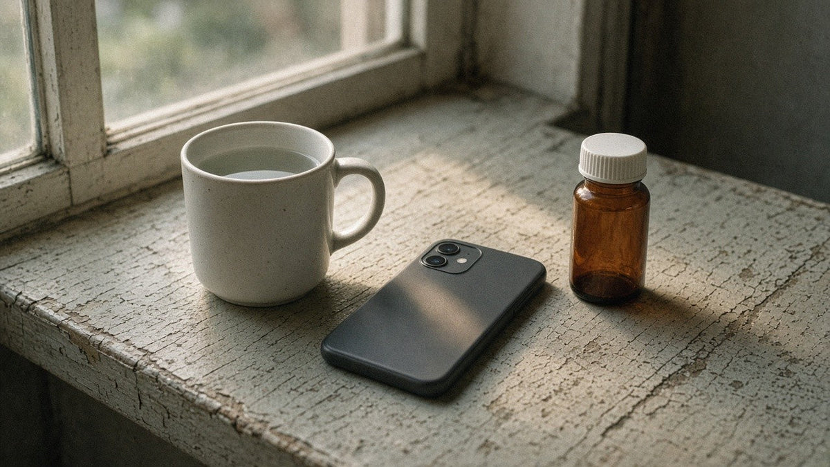 Plain ceramic mug of water, face-down phone, and small unlabeled amber capsule bottle on a painted windowsill in soft early morning side light