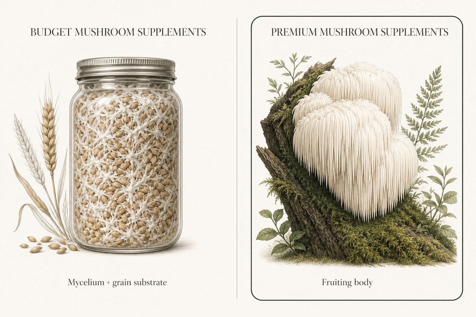 Budget mushroom supplements use mycelium plus grain substrate; premium mushroom supplements use the fruiting body.