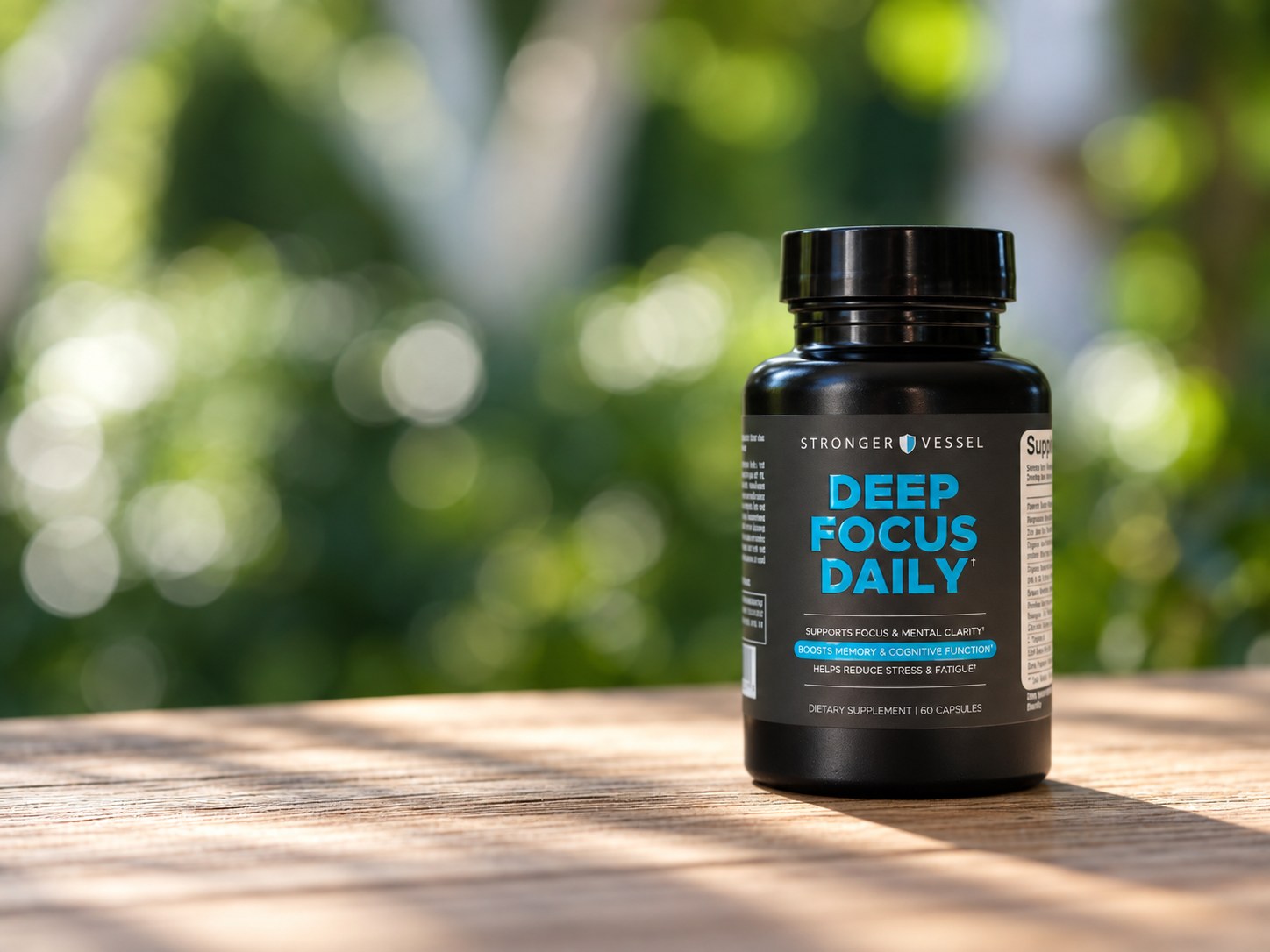 Deep Focus Daily bottle on wood outdoors